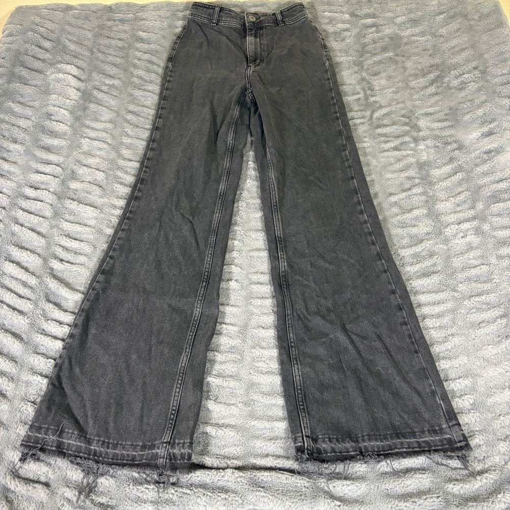 We The Free Free People Black Wide Leg High Rise Jeans Size 24 Raw Hem AT523